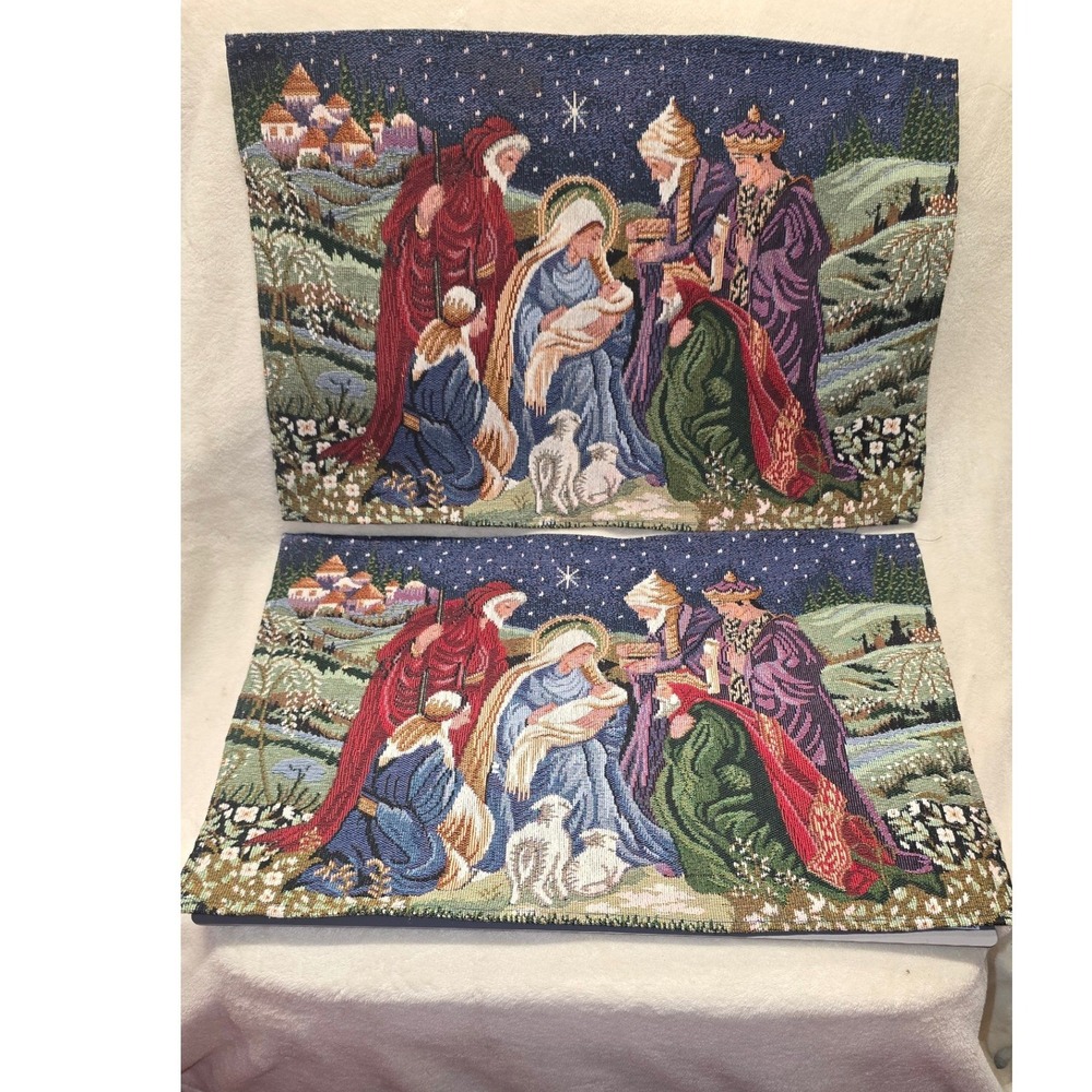 Vintage Christmas Nativity Tapestry Placemats Set of 2 Woven Holiday Decor 17x12